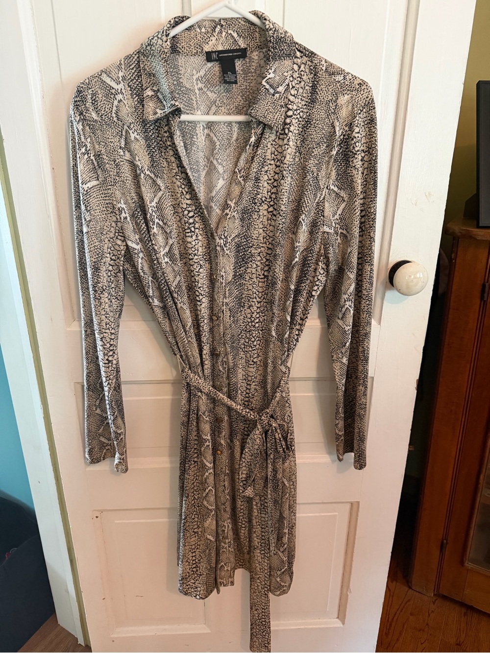 INC International Concepts Snake Print Long Sleeve Wrap Dress in Beige and Black